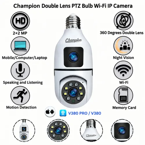 Champion Bulb PTZ Dual Lens 2+2MP 1080p Full HD Holder Camera.