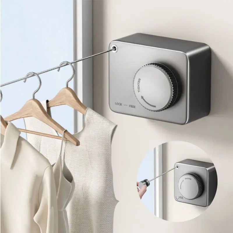 Wall Mount Clothesline Adjustable Retracting Stainless Steel Wire Indoor Outdoor Laundry Clothes Drying Line 5.2M