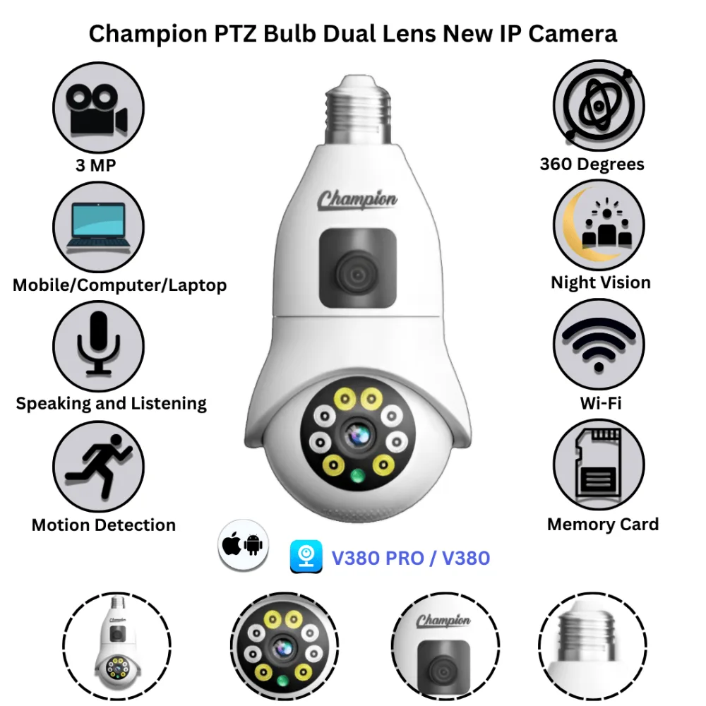 Champion Dual Lens New Bulb Camera V380 1080p full HD camera.